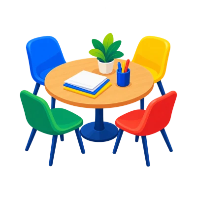 Une table ronde entourée de quatre chaises de couleurs différentes, avec des documents, un pot à crayons et une plante posés dessus.