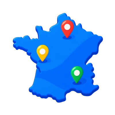 Une carte de France stylisée en bleu, sans frontières intérieures, marquée de trois repères de localisation.